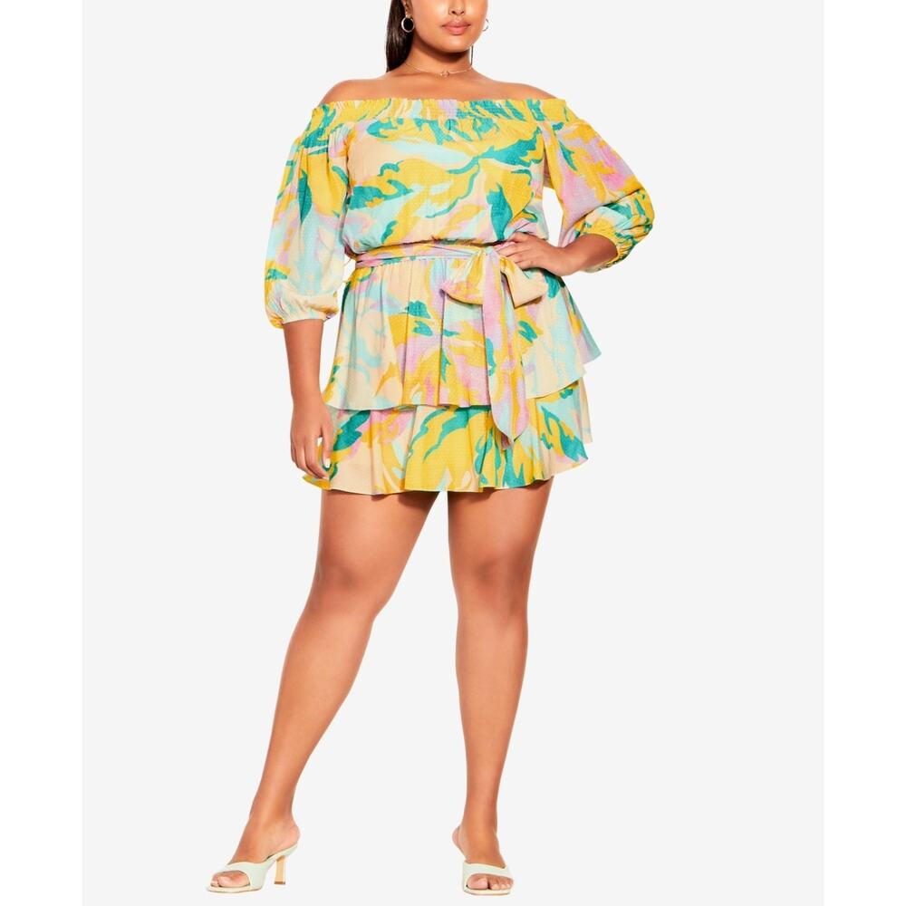 City Chic Eileen Off The Shoulder Dress In Multi Belted Mini Plus Size 16